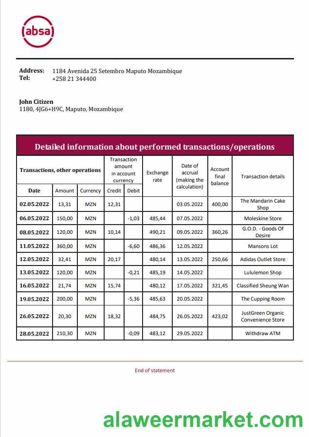 Mozambique ABSA bank statement